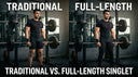 Traditional vs. Full-length Powerlifting Singlet side-by-side comparison graphics