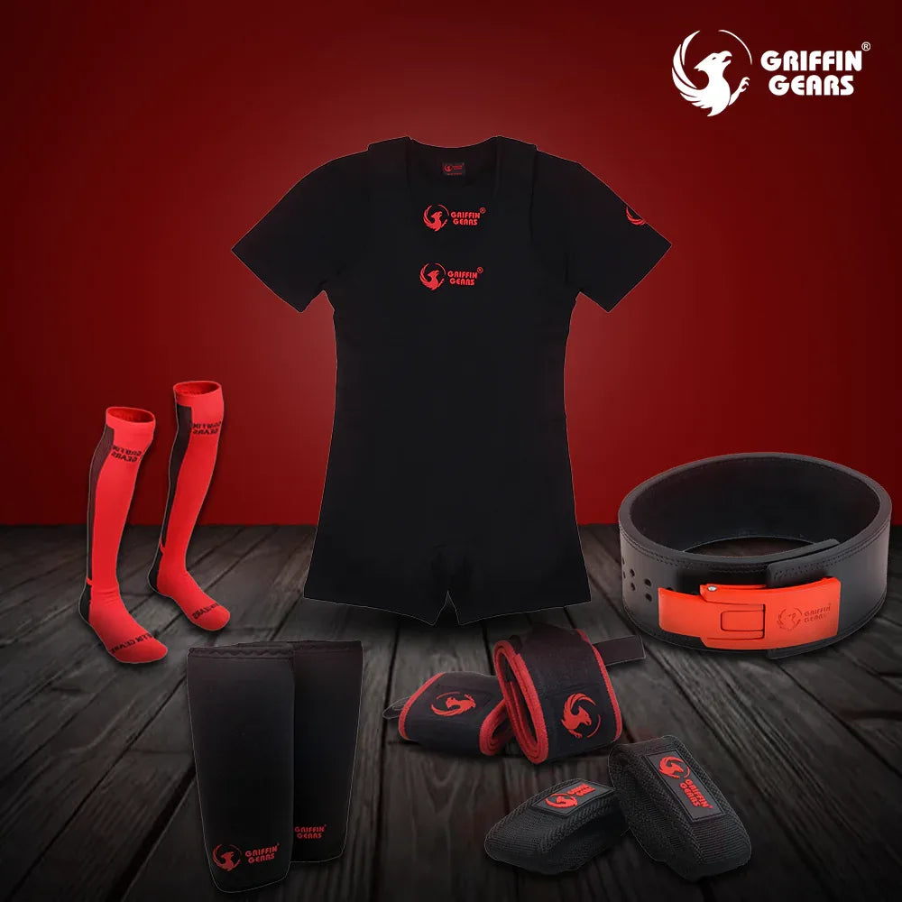 COMPLETE POWERLIFTING KIT ( 13mm lever belt+ singlet + T-shirt +7mm knee sleeves + wrist wrap+ Lifting strap + socks) - online