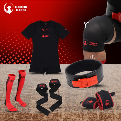 COMPLETE POWERLIFTING KIT ( 13mm lever belt+ singlet + T-shirt +7mm knee sleeves + wrist wrap+ Lifting strap + socks)