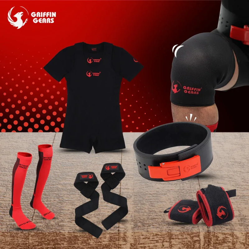 COMPLETE POWERLIFTING KIT ( 13mm lever belt+ singlet + T-shirt +7mm knee sleeves + wrist wrap+ Lifting strap + socks)